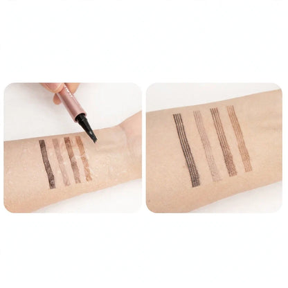 liquid eyebrow pen demonstrating hair-like strokes in four shades swatched on an arm with water droplets