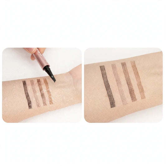 liquid eyebrow pen demonstrating hair-like strokes in four shades swatched on an arm with water droplets