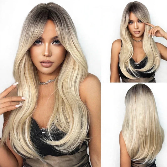 Long wavy synthetic wig with curtain bangs