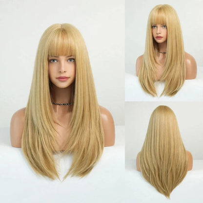 Blonde long straight wig with fringe bangs displayed on mannequin views.