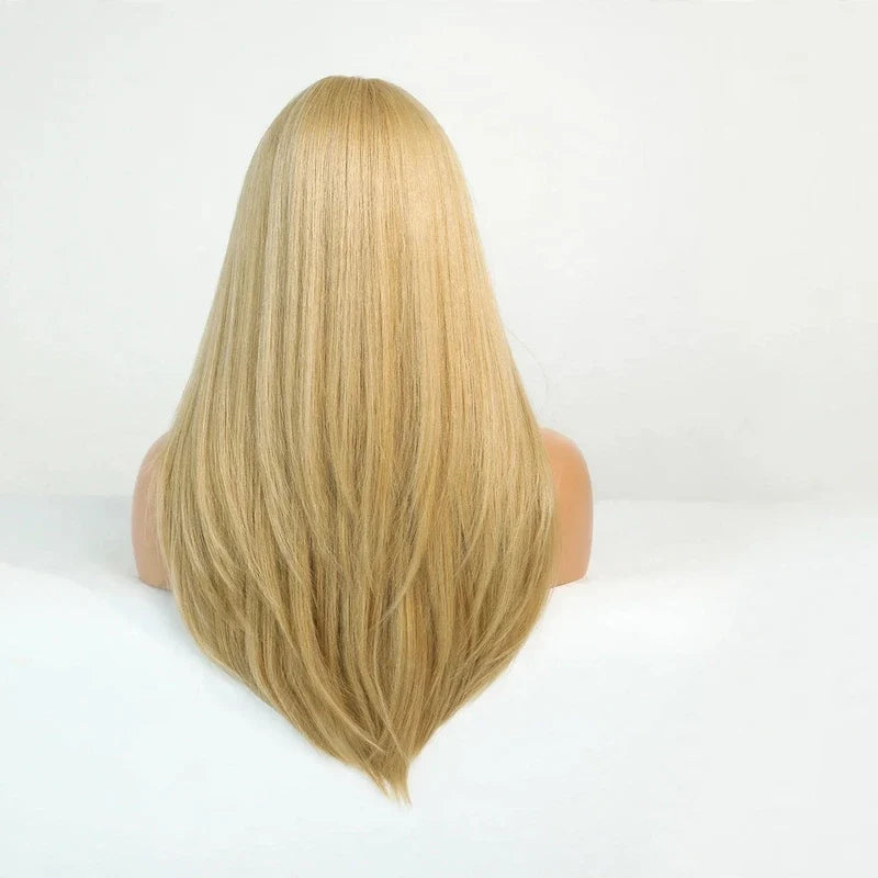 Rear view of a long straight blonde layered wig on a mannequin against a white background