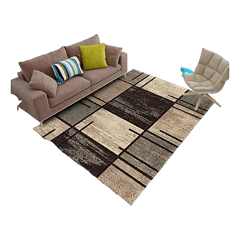 Area rug with a geometric plaid pattern in shades of brown, beige, and gray, displayed in a staged living room.