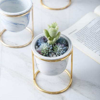 Marble Pattern Gilded Ceramic Flower Pot With Iron Frame - Merch Gone Viral