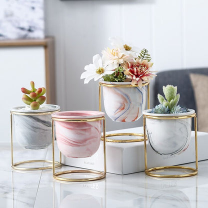Marble Pattern Gilded Ceramic Flower Pot With Iron Frame - Merch Gone Viral