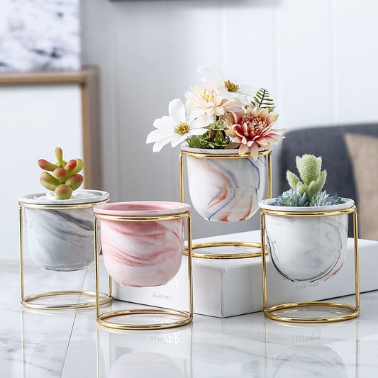 Marble Pattern Gilded Ceramic Flower Pot With Iron Frame - Merch Gone Viral