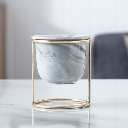 Marble Pattern Gilded Ceramic Flower Pot With Iron Frame - Merch Gone Viral