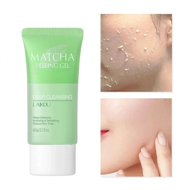Matcha peeling gel tube alongside two inset images showing application and results on skin.