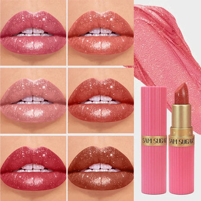 Collage of six lip shades with shimmer finish, color swatch, and pink lipstick tube.