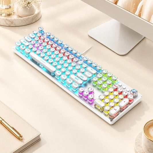 Retro mechanical keyboard with round silver-rimmed keys and colorful RGB backlighting on a desk setup.