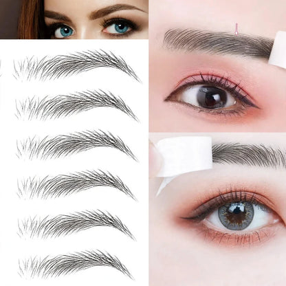 Sheet of hair-like eyebrow tattoo stickers with application examples on eyes.