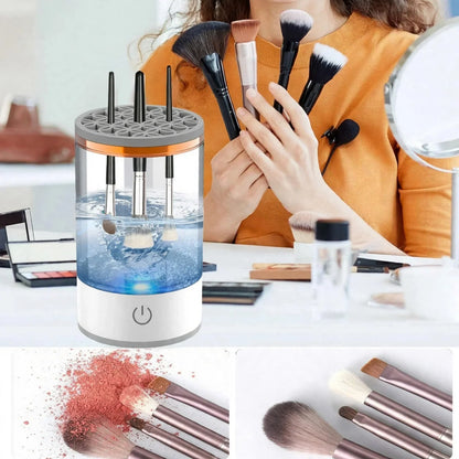 Electric makeup brush cleaner with dirty brushes before washing and clean fluffy brushes after washing.