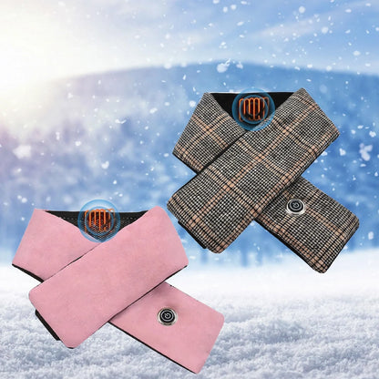 Two heated scarves in plaid and pink with temperature setting icons showing blue, white, and red levels.