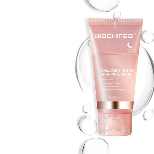Pink collagen night wrapping mask tube against a white background with water bubble accents