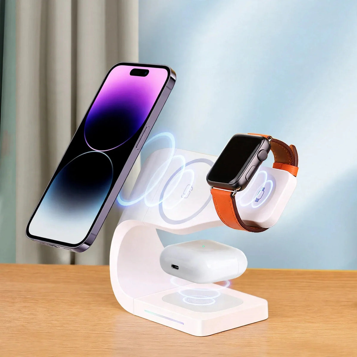 Wireless charging stand, angled view showing three charging spots