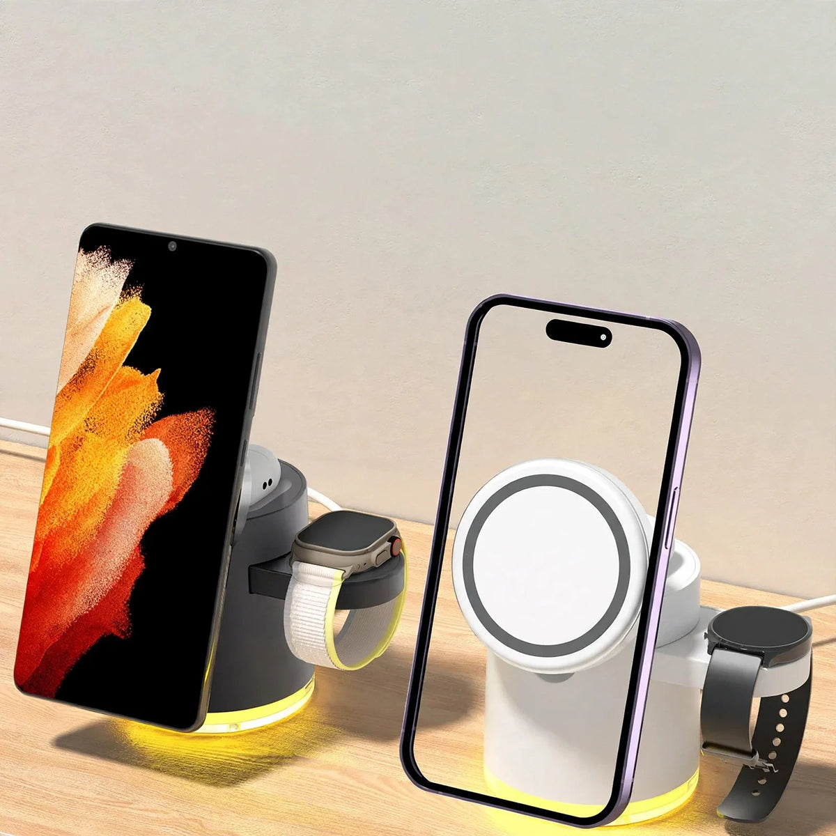 Two multi-device wireless charging docks simultaneously holding and charging smartphones and smartwatches.