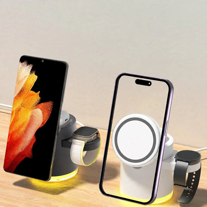 Two multi-device wireless charging docks simultaneously holding and charging smartphones and smartwatches.