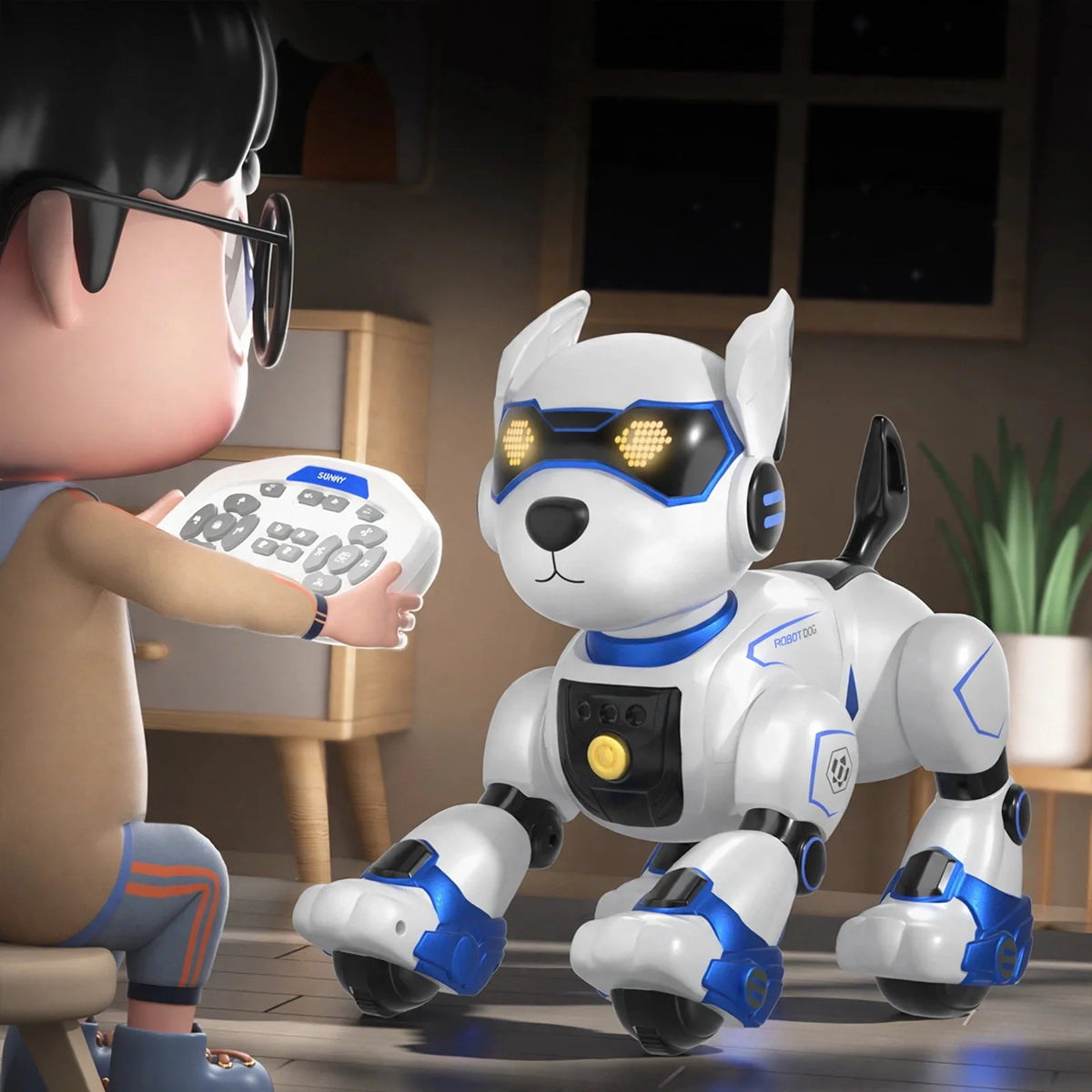 White and blue robot dog toy with glowing eyes and a remote control held by a child.
