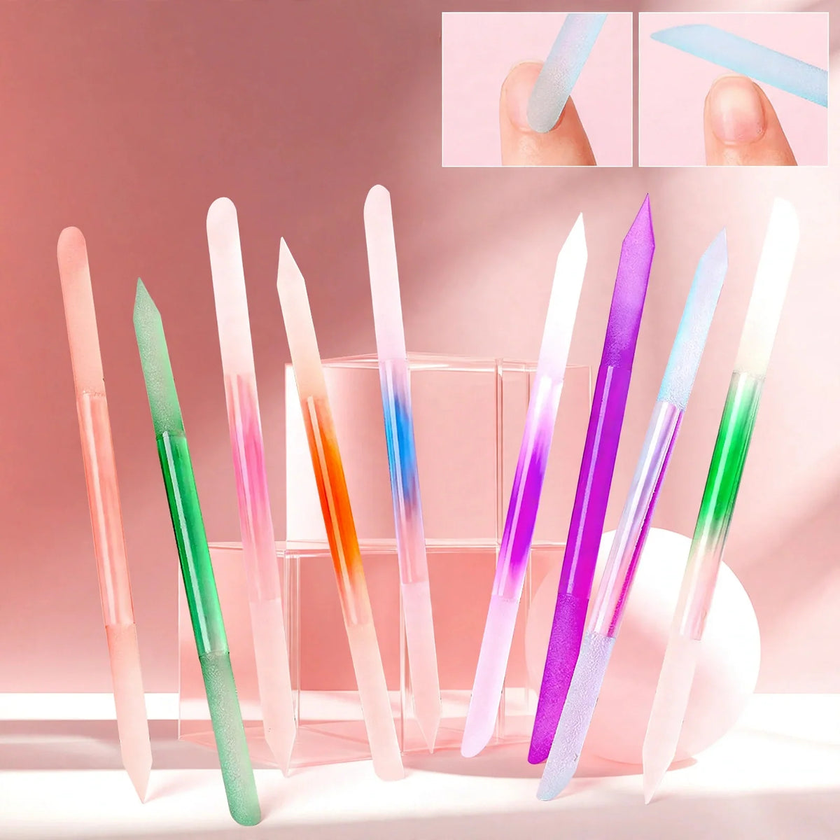 Ten assorted colored nano glass nail files displayed vertically with two insets showing usage on nails.