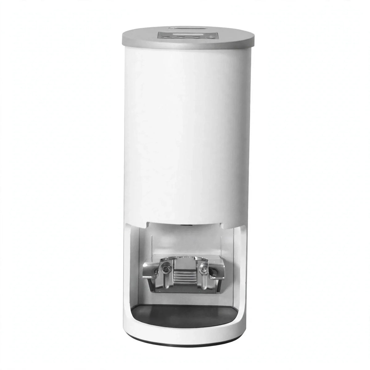 White automatic electric espresso tamper with digital display top and metallic portafilter slot.