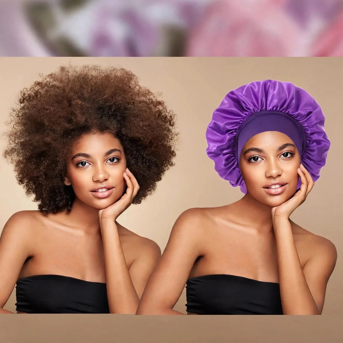 Purple satin sleep bonnet with wide elastic band shown in before and after hair protection comparison photo