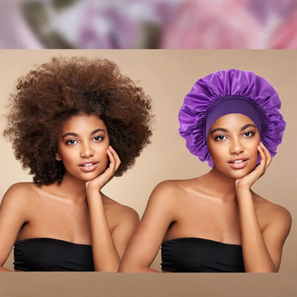 Purple satin sleep bonnet with wide elastic band shown in before and after hair protection comparison photo