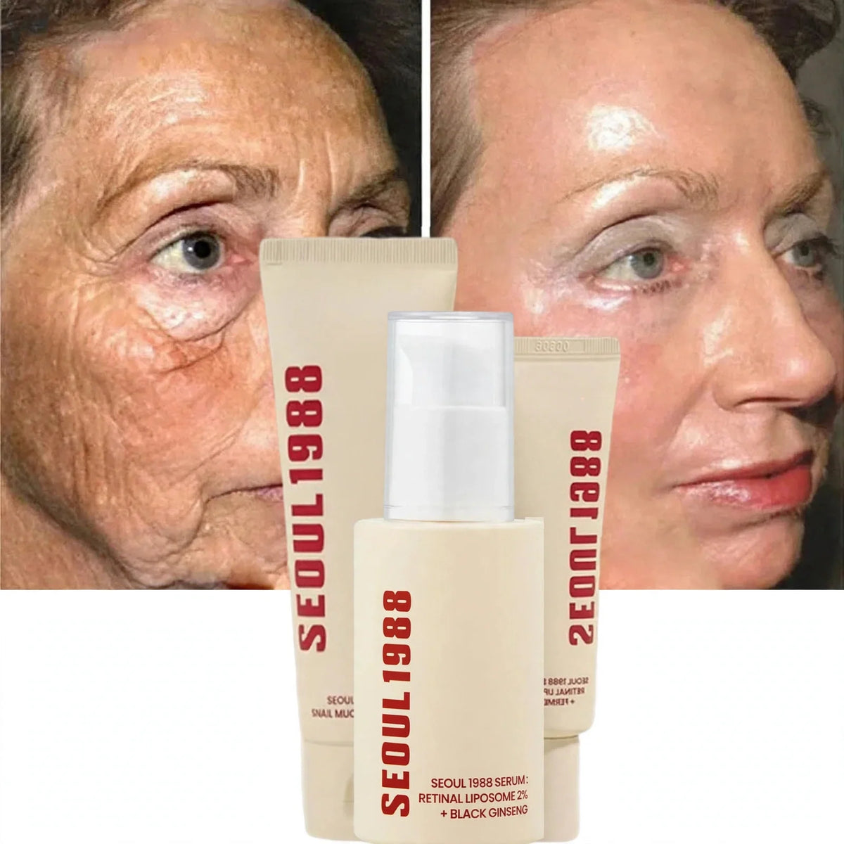 Retinal liposome serum bottles with before and after comparison of a woman's face.