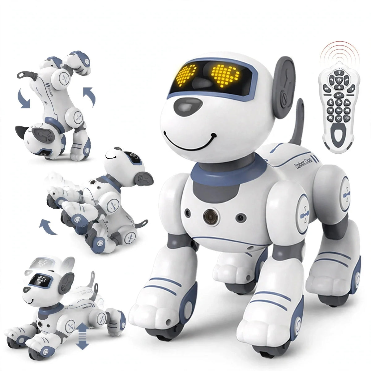 White and blue robot dog toy with LED heart eyes, remote control, and promotional action poses.