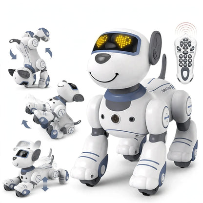 White and blue robot dog toy with LED heart eyes, remote control, and promotional action poses.