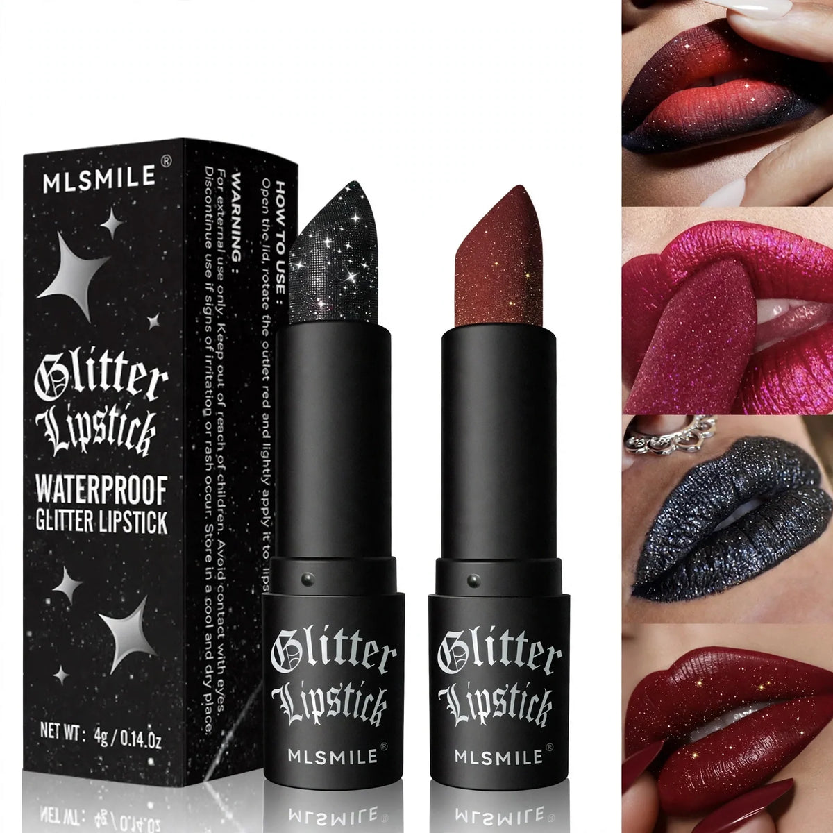 Two glitter lipsticks next to their black packaging and four inset photos showing the lip makeup applied.
