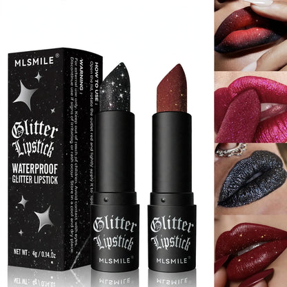 Two glitter lipsticks next to their black packaging and four inset photos showing the lip makeup applied.