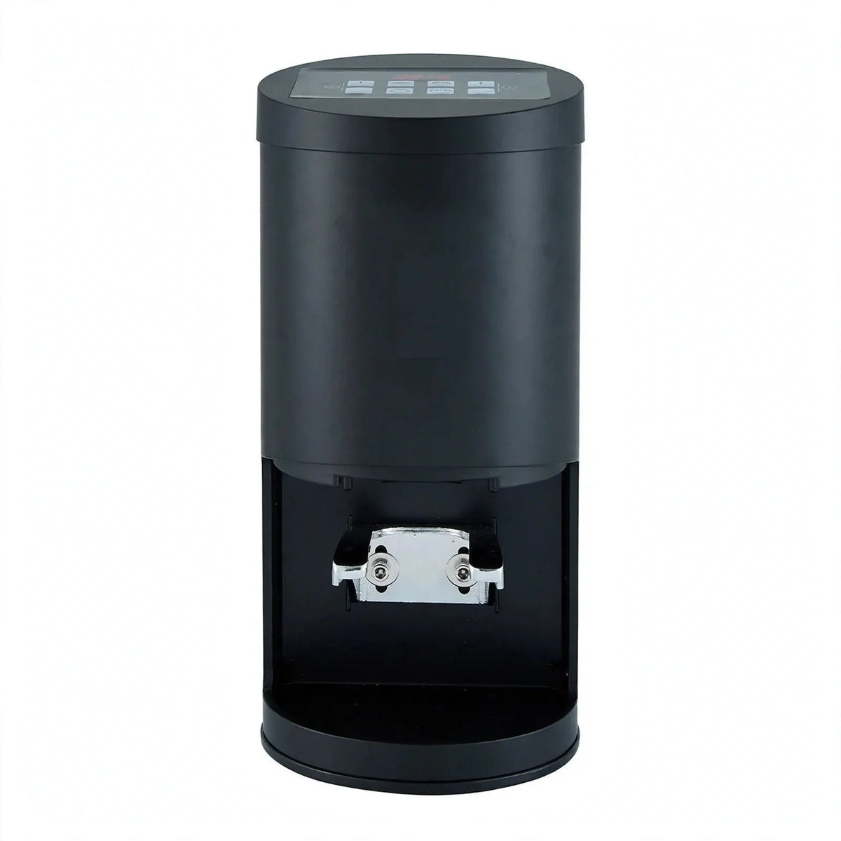 Front view of a black automatic espresso tamper with digital control panel and silver portafilter holder.
