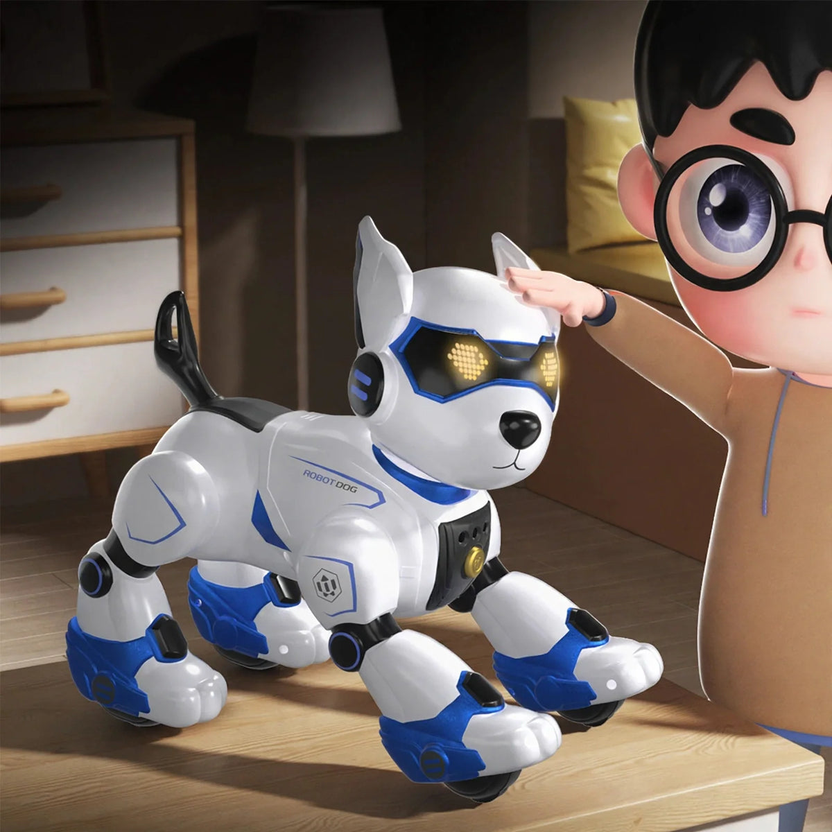 White and blue robot dog toy with glowing eyes standing on a table beside an animated child illustration.