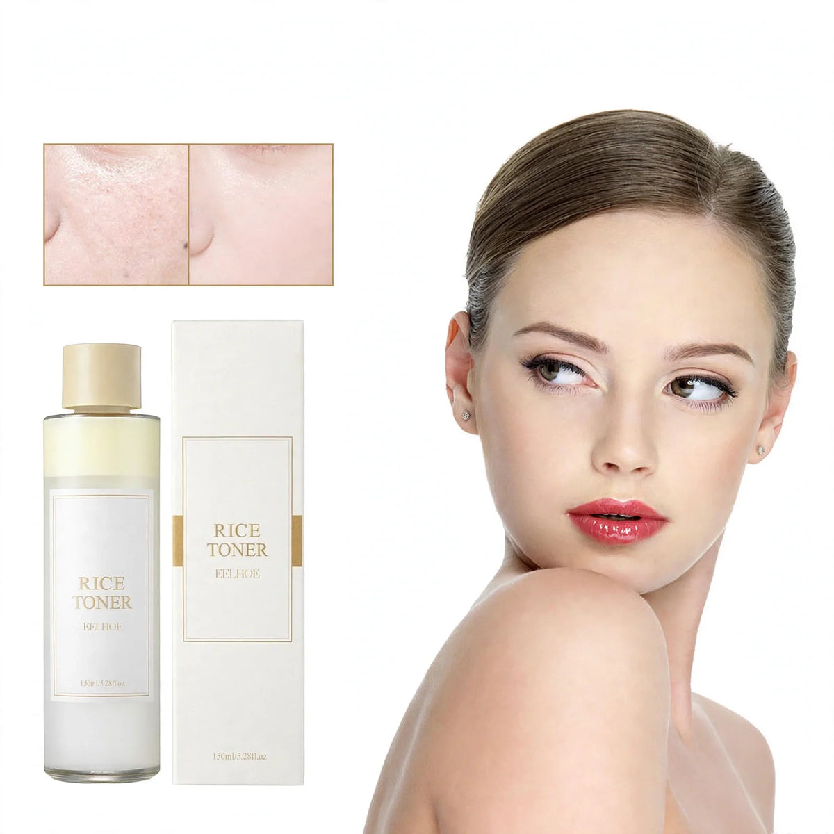 Rice toner bottle and box next to a woman with clear skin, with before and after comparison insets.