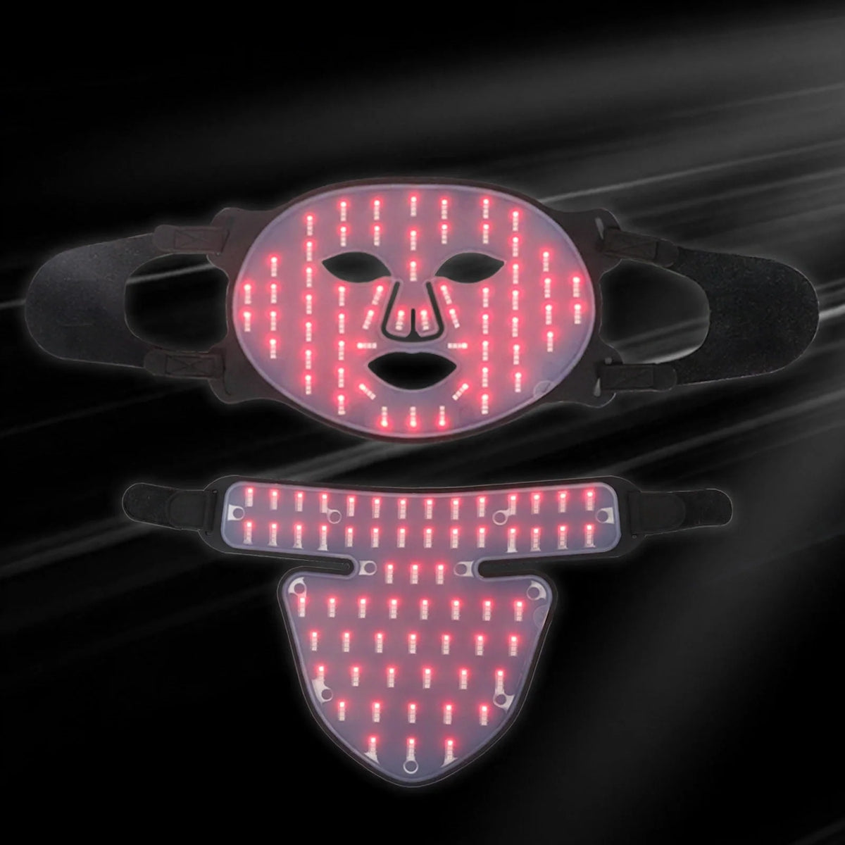 LED facial and neck mask with red light diodes and black straps.