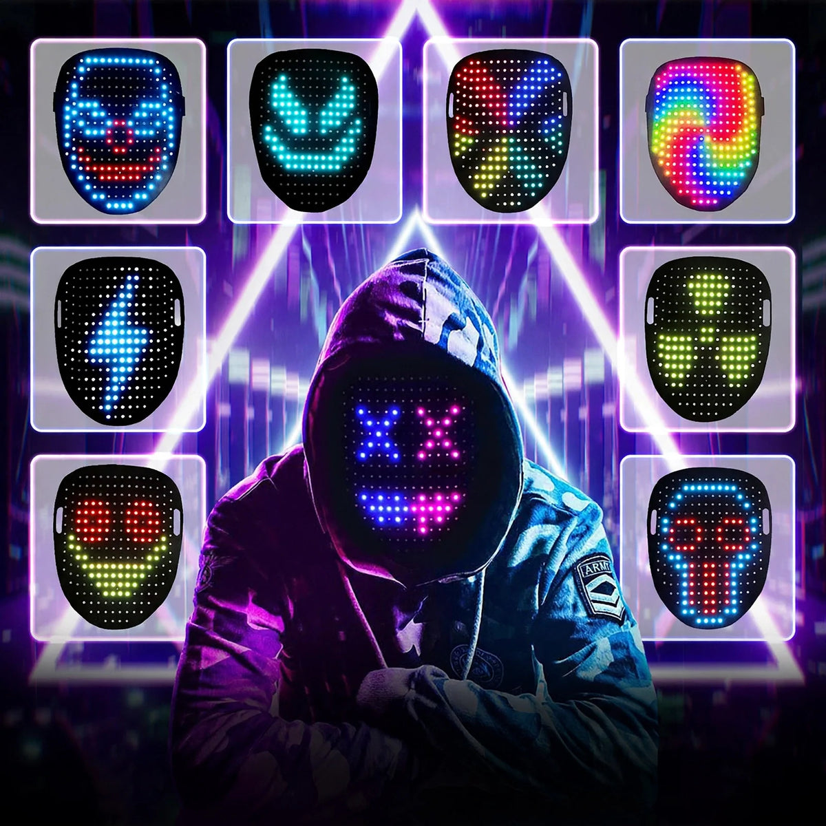 Person wearing an LED face mask displaying a pattern, surrounded by multiple insets showing different light patterns.