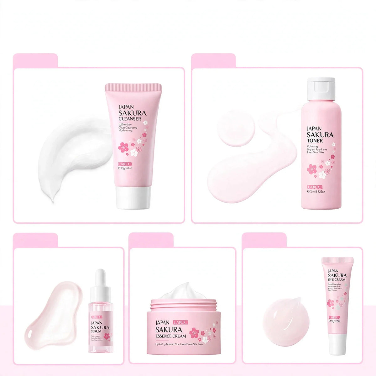 Five-step pink skincare set including cleanser, toner, serum, cream, and eye cream with visible textures.