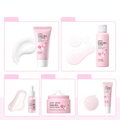 Five-step pink skincare set including cleanser, toner, serum, cream, and eye cream with visible textures.