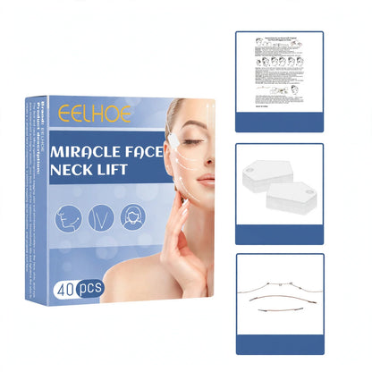 Product packaging showing face and neck lift tape, instructions, 40 tapes, and 3 elastic bands.