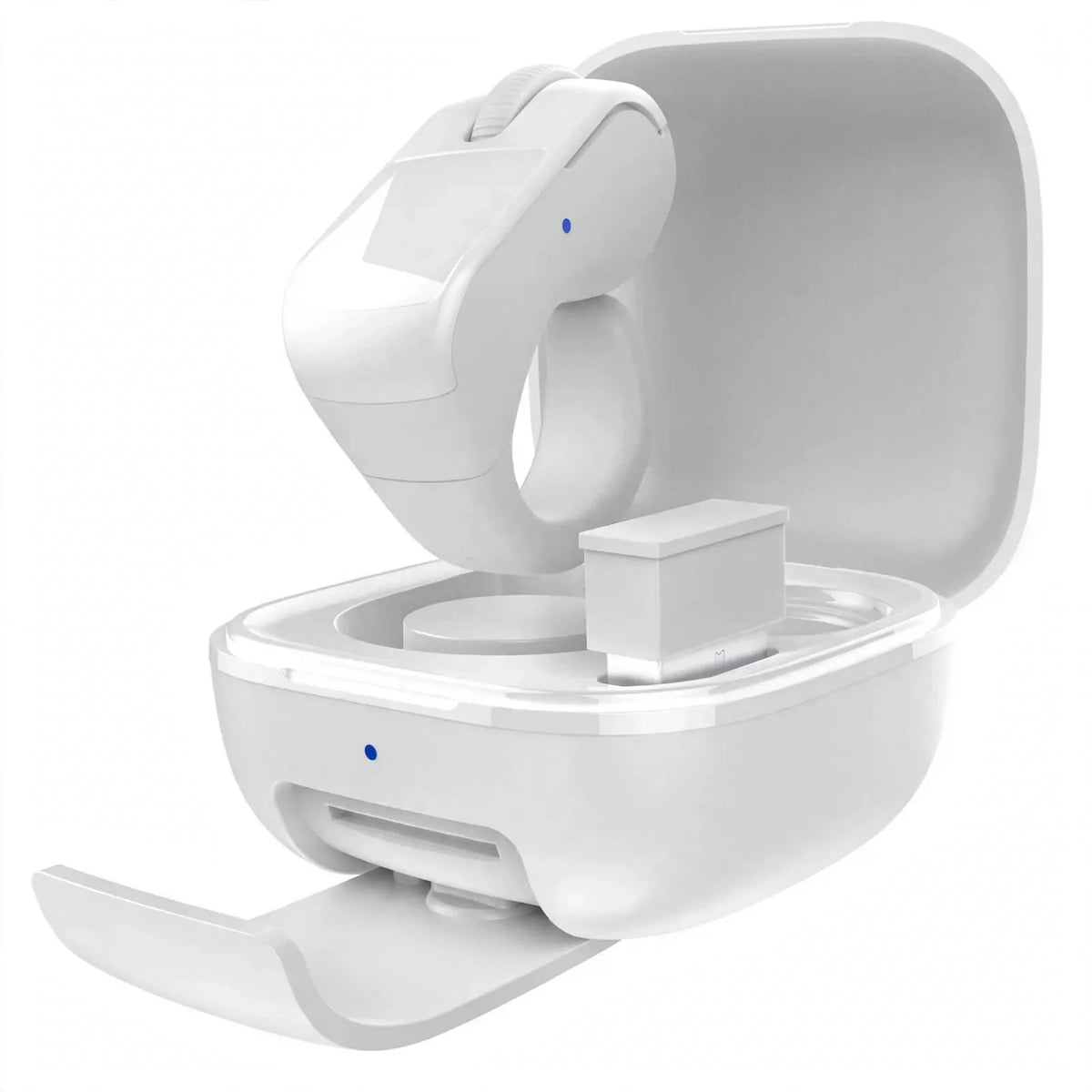 White wireless presentation clicker resting above its open charging case with a USB receiver.