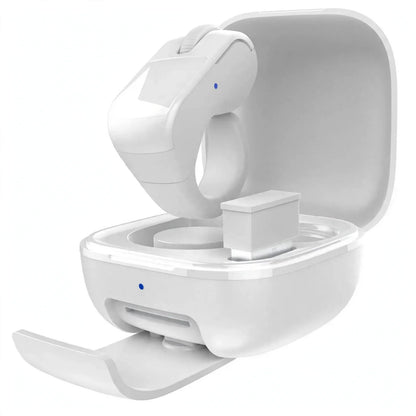 White wireless presentation clicker resting above its open charging case with a USB receiver.