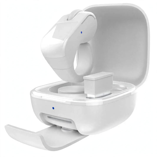 White wireless presentation clicker resting above its open charging case with a USB receiver.
