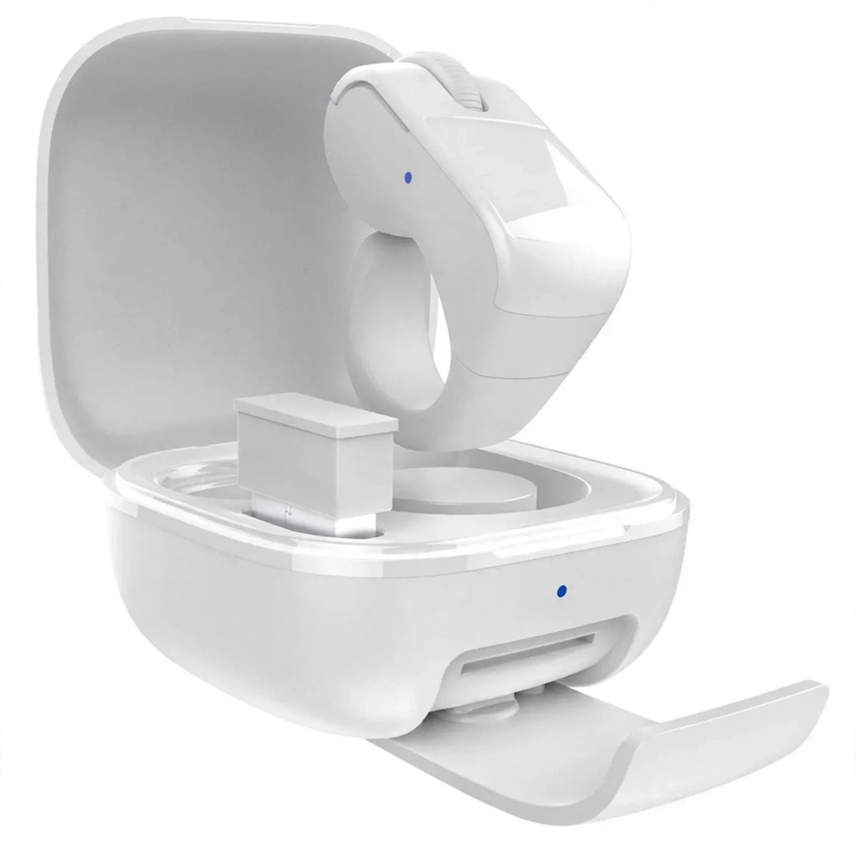 White wireless presentation remote ring inside its open charging case with a USB receiver.