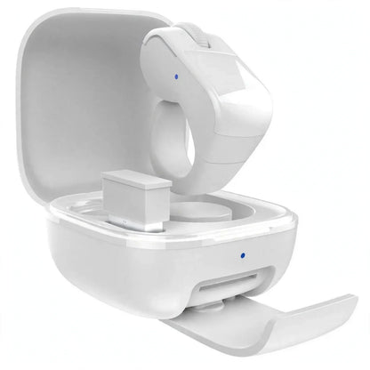 White wireless presentation remote ring inside its open charging case with a USB receiver.