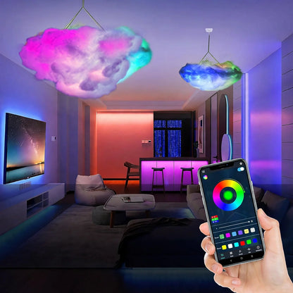 Smart LED cloud lamp hanging in a colorful room with a smartphone app interface overlaying the view