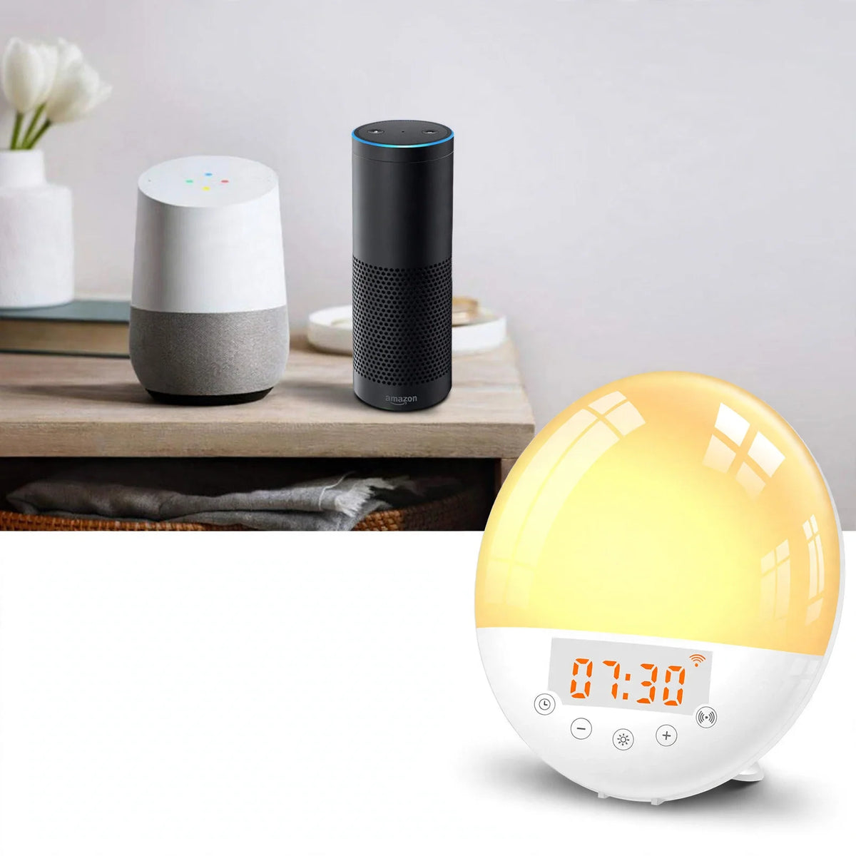 Round white sunrise alarm clock glowing yellow with digital display showing 07:30.