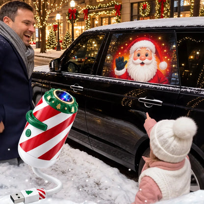 Red and white striped USB car projector light projecting a waving Santa image onto a car window.