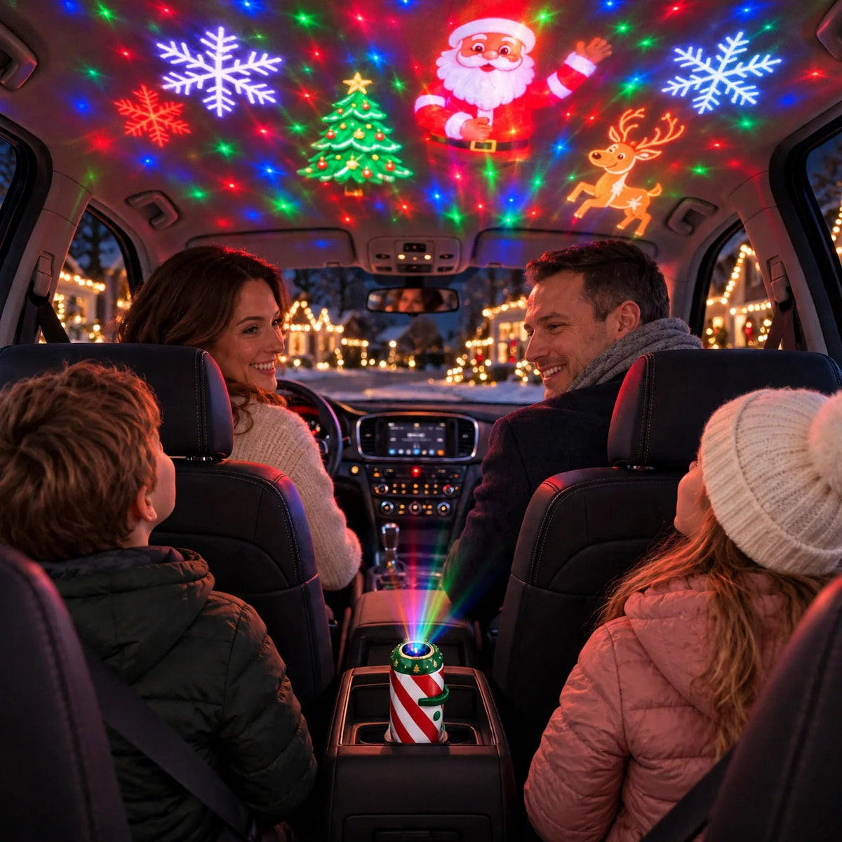 Car interior projector casting festive Christmas patterns on the ceiling