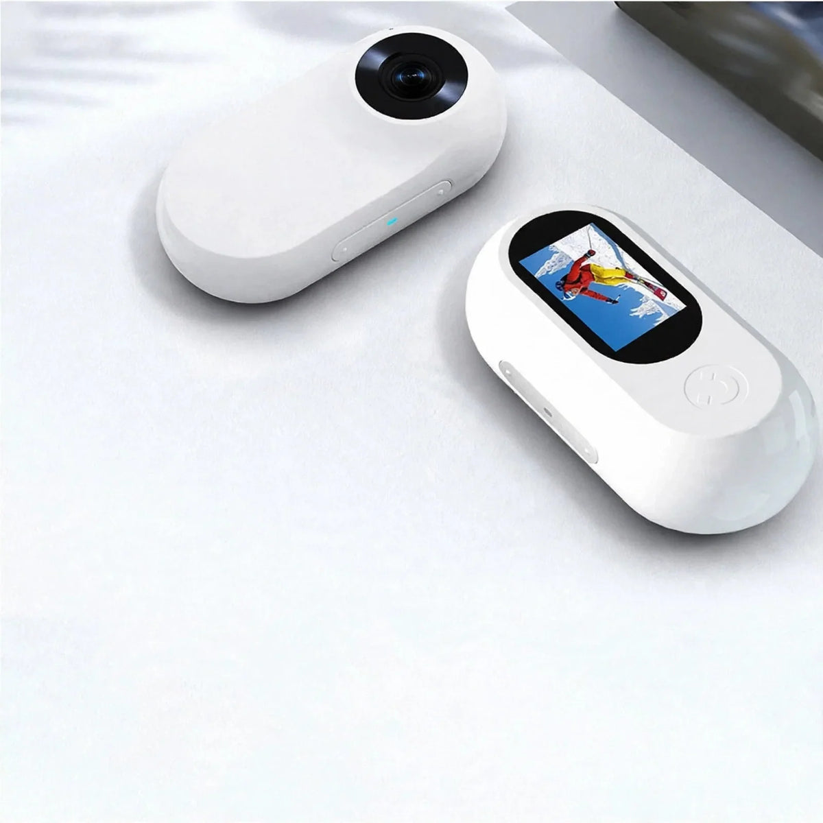 Two white pet collar cameras showing features with icons for HD, screen, and wide angle below.