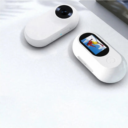 Two white pet collar cameras showing features with icons for HD, screen, and wide angle below.