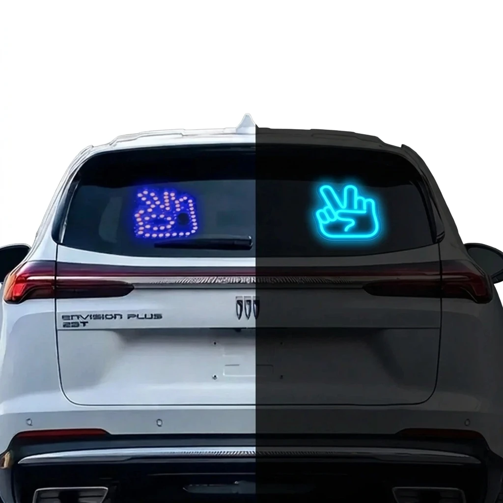 Interactive LED car sign displaying day and night brightness on a rear window glass